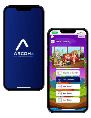 Arcohz app on two phones: the splash screen and a ‘Watch Carefully’ activity with answers such as Spot Grandma and Spot Books