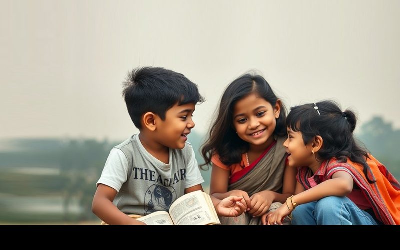 Three children sitting together, smiling and reading a book