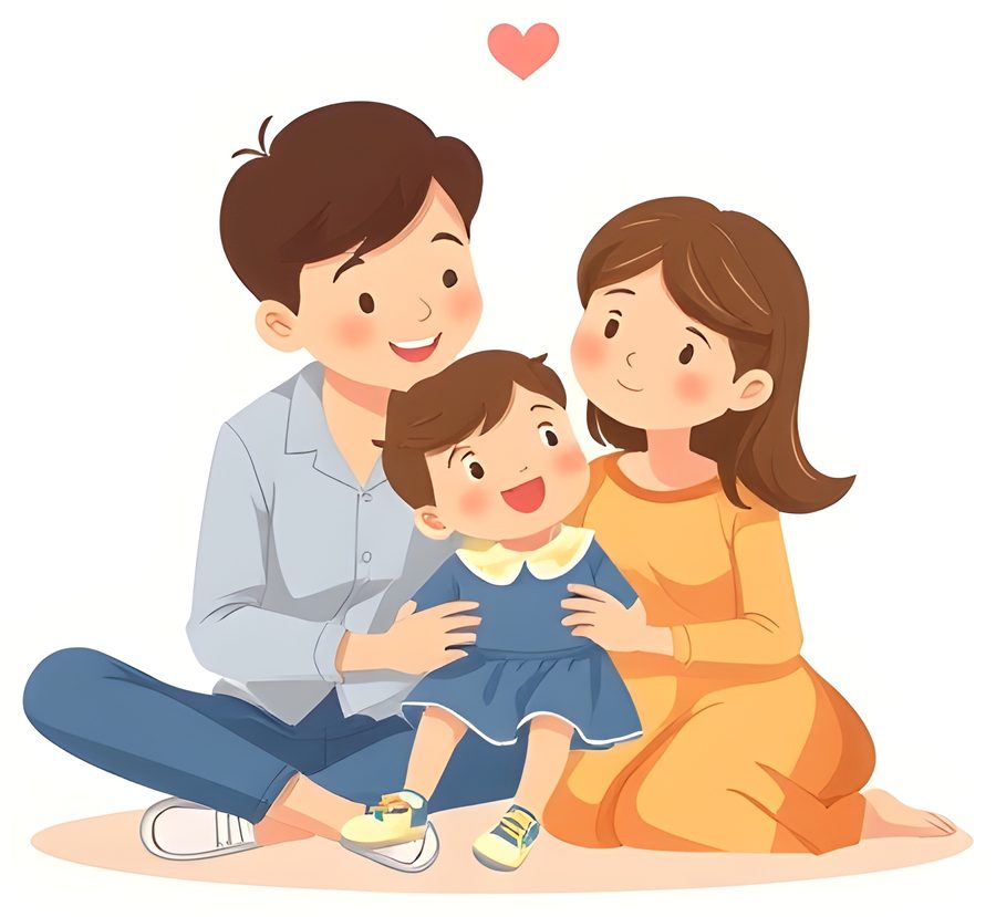 Illustration of a mother and father sitting on the floor, hugging their smiling toddler